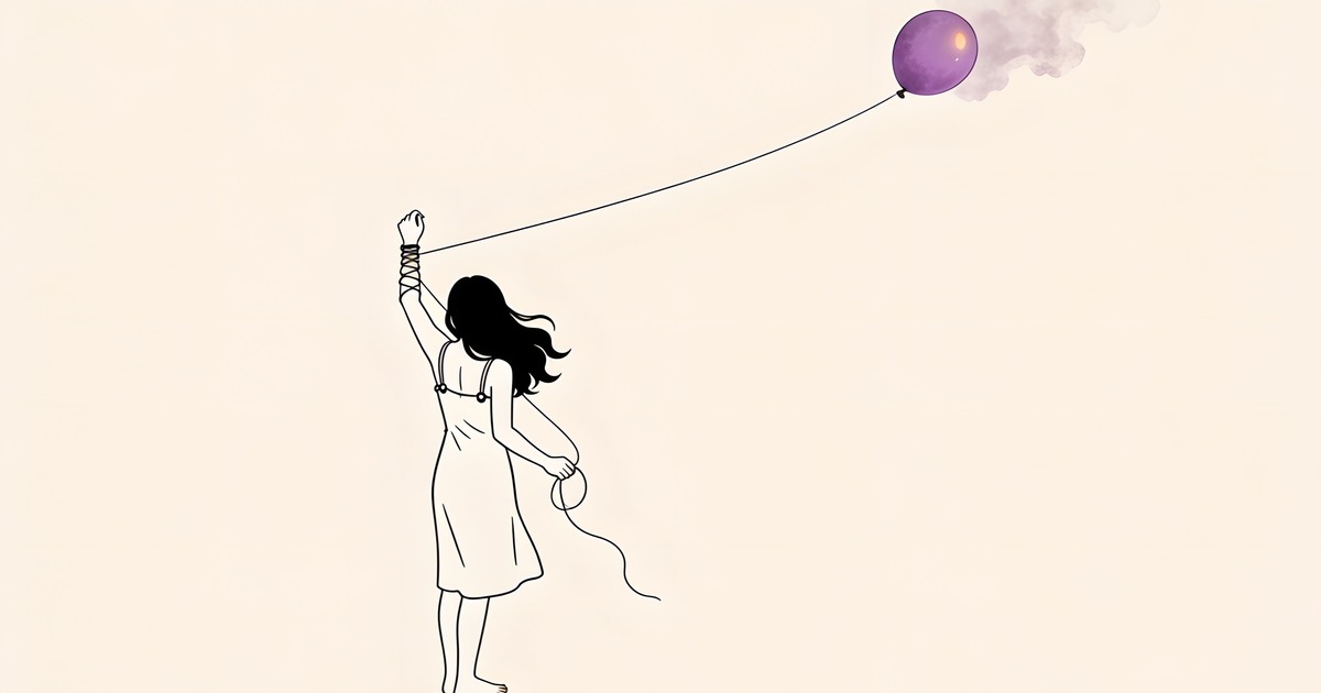 Cómo dejar de sentir ansiedad por una persona: ilustración de una mujer desenredando de su muñeca el hilo de un globo