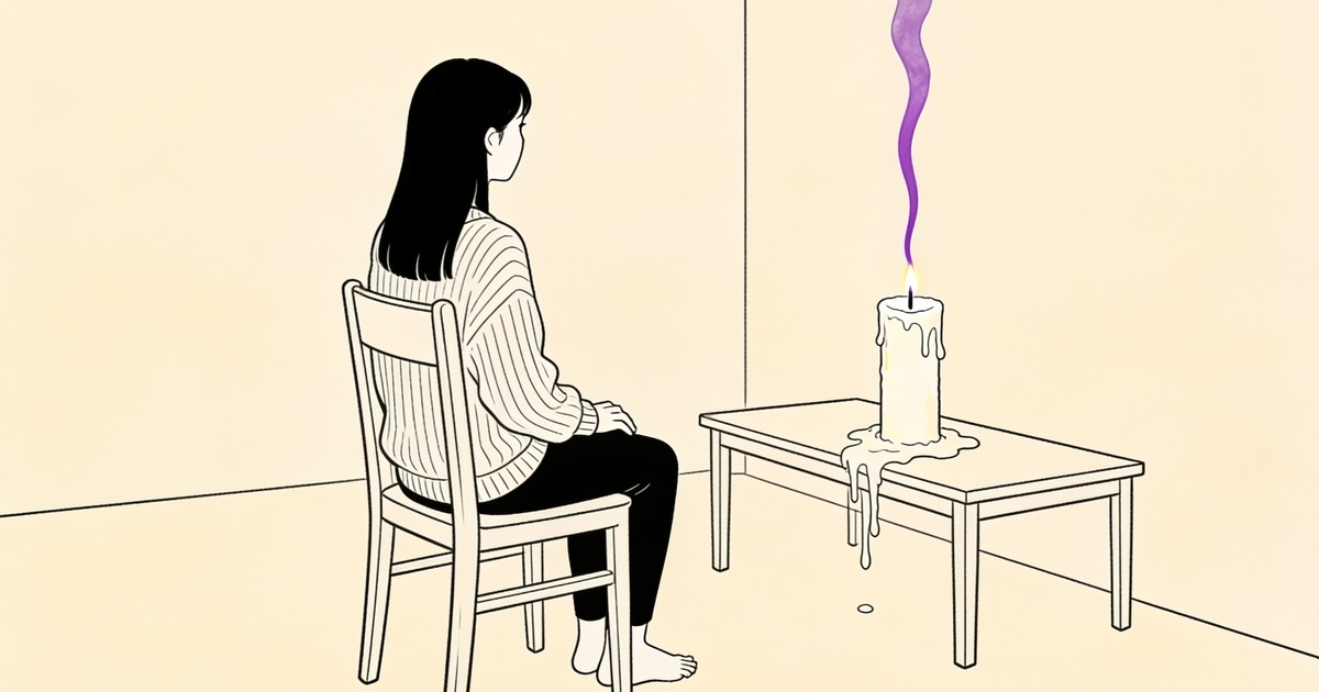 Mi pareja me desgasta emocionalmente: ilustración de una mujer sentada frente a una vela consumida casi hasta la base